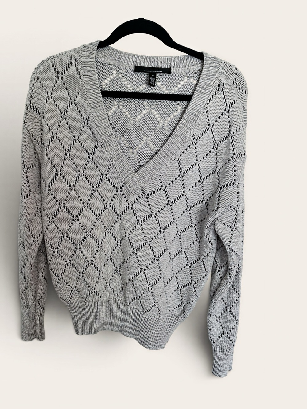 White House Black Market Light Gray Open-Knit V-Neck Sweater